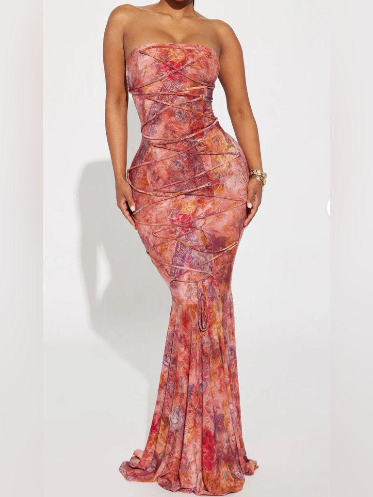Pink Perla Multi-Print Lace-Up Maxi Dress - Multi Color